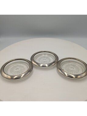 3 Silver plated & Glass Drink Coasters Sunburst Design Regal Silver E. P. Steel